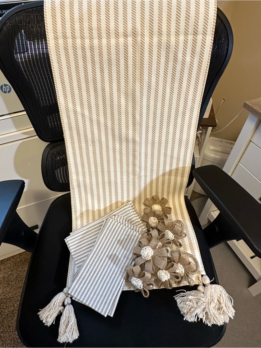 Beige and White Striped Table Runner with Tassels